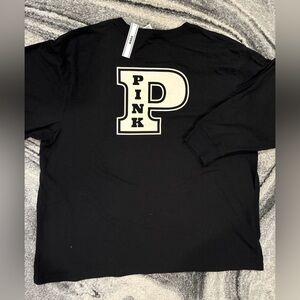 New Victoria's Secret  PINK Shirt (XS) Long Sleeve Black Top Logo Tee NWT